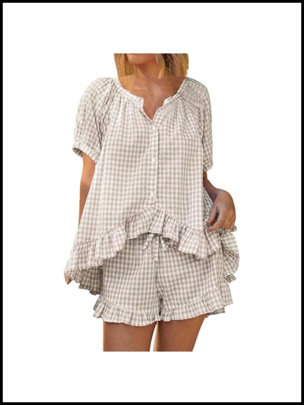 Womens Gingham Pajama Set Button Down Puff Short Sleeve Top Ruffle Shorts 2